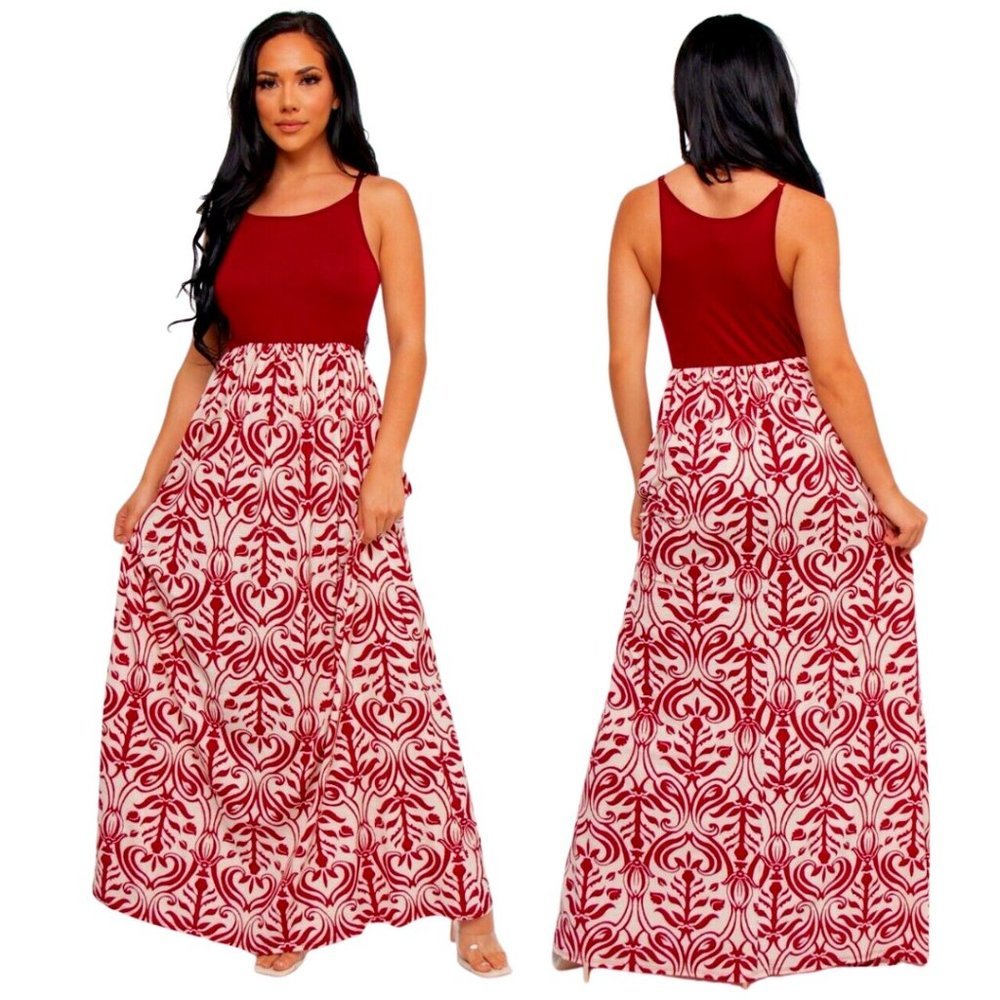 Maxi Dress Burgundy Damask Print Spaghetti Strap S, M & L